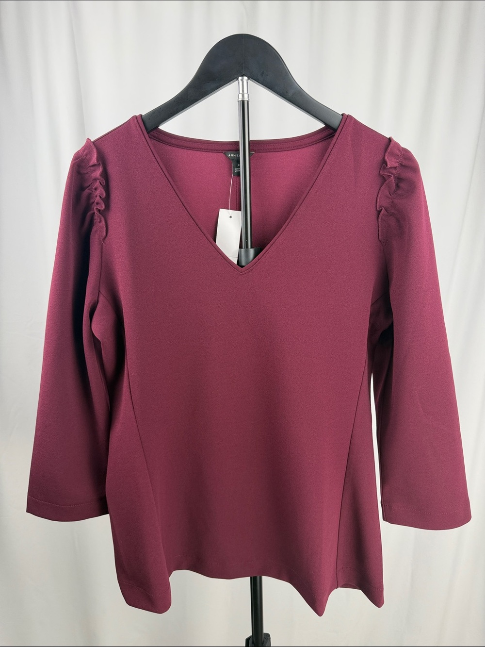 Ann Taylor Burgundy Ruffle Shoulder V-Neck Top Medium NWT
